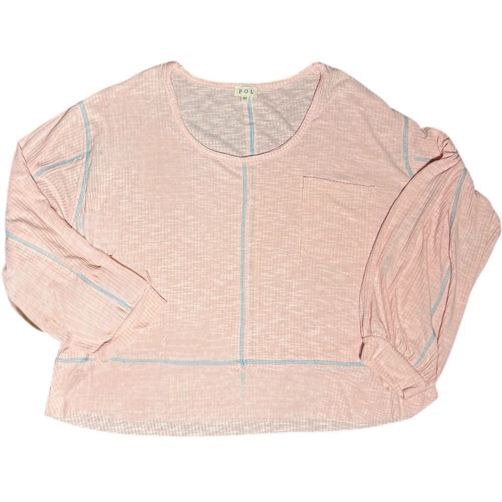 POL Blush Pink Ribbed Oversized Top Exposed Seam Pocket Boho Long Sleeve Med NEW - Picture 15 of 15